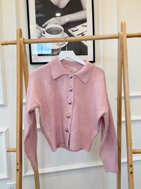 a new day Pink Collared Button-Up Knit Cardigan with Heart Buttons